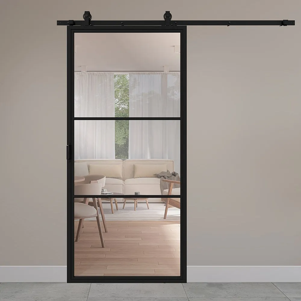 Stalen schuifdeur 3-vlaks grijs gerookt glas 1000 mm